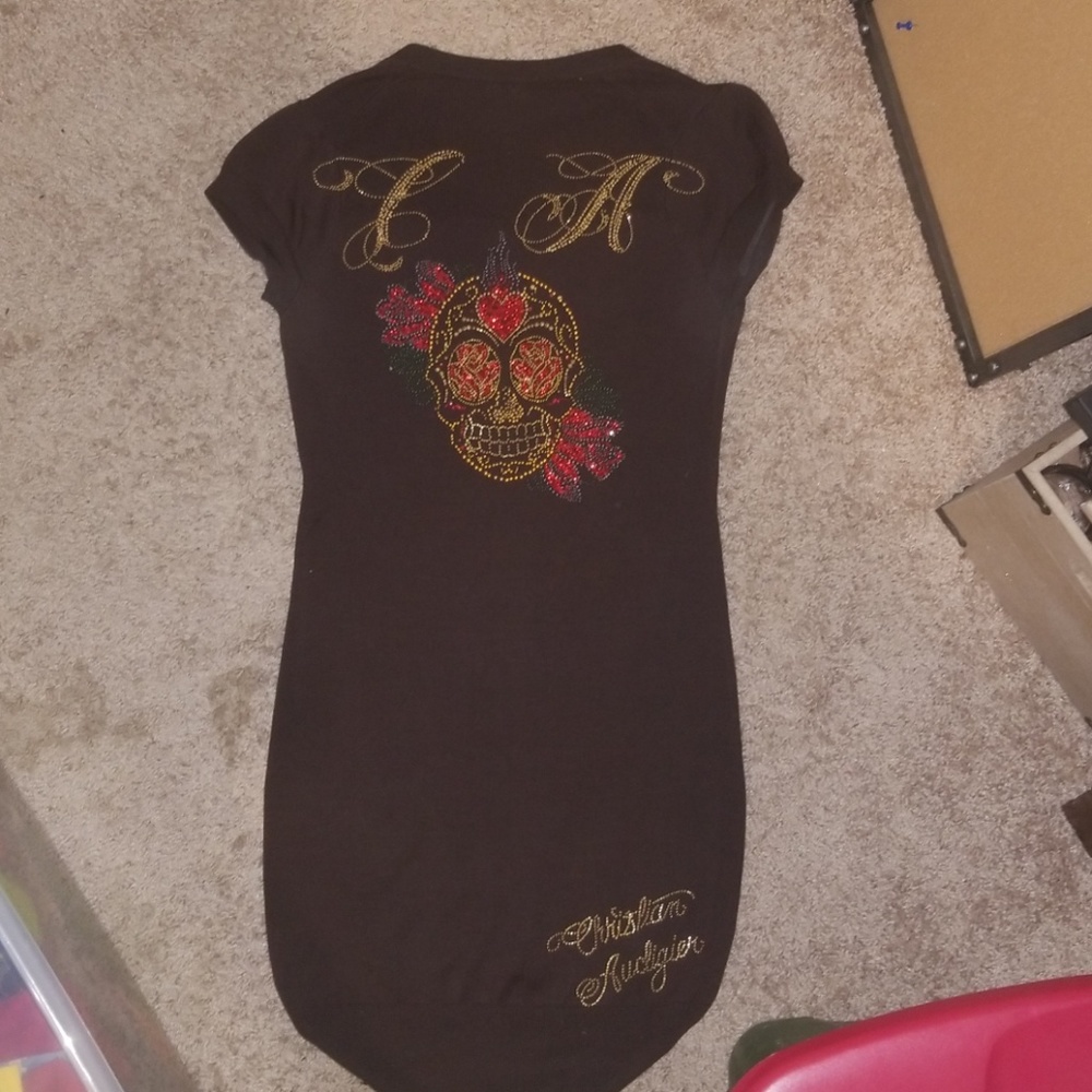 VINTAGE Christian Audigier Sz Large Diamante Brown Silk Blend Sweater Dress